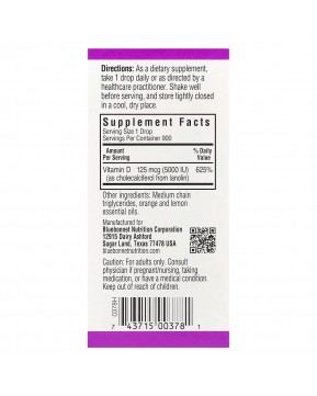 Bluebonnet Nutrition, капли витамина D3, с натуральным цитрусовым вкусом, 5000 МЕ, 30 мл (1 жидкая унция)